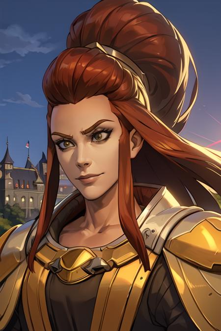 4291411775-1874512906-portrait, waist up, brigitte, regal facial expression, slight smile, looking away, dusk sky, castle, dim sunlight, best quality,.png